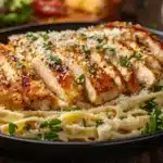 A plate of creamy Chicken Alfredo pasta with fettuccine, tender slices of golden-brown chicken breast, garnished with Parmesan cheese and parsley, served on a rustic wooden table with garlic bread and a Caesar salad in the background