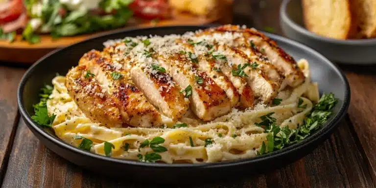 A plate of creamy Chicken Alfredo pasta with fettuccine, tender slices of golden-brown chicken breast, garnished with Parmesan cheese and parsley, served on a rustic wooden table with garlic bread and a Caesar salad in the background