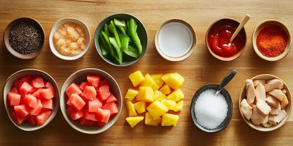Overhead view of neatly arranged ingredients for sweet and sour chicken, including raw chicken breast cubes, sliced red and green bell peppers, chopped onions, pineapple chunks, and small bowls of ketchup, sugar, vinegar, soy sauce, and cornstarch, displayed on a wooden countertop with natural lighting highlighting their vibrant colors.