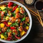 Close-up of a delicious sweet and sour chicken dish served in a white bowl, featuring tender chicken pieces coated in a glossy sauce, accompanied by vibrant red and green bell peppers, onions, and pineapple chunks. The dish is surrounded by small bowls of soy sauce, sesame seeds, and steamed jasmine rice on a rustic wooden table, with natural lighting enhancing the freshness and warmth of the presentation