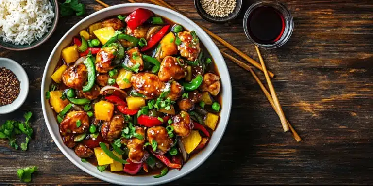 Close-up of a delicious sweet and sour chicken dish served in a white bowl, featuring tender chicken pieces coated in a glossy sauce, accompanied by vibrant red and green bell peppers, onions, and pineapple chunks. The dish is surrounded by small bowls of soy sauce, sesame seeds, and steamed jasmine rice on a rustic wooden table, with natural lighting enhancing the freshness and warmth of the presentation