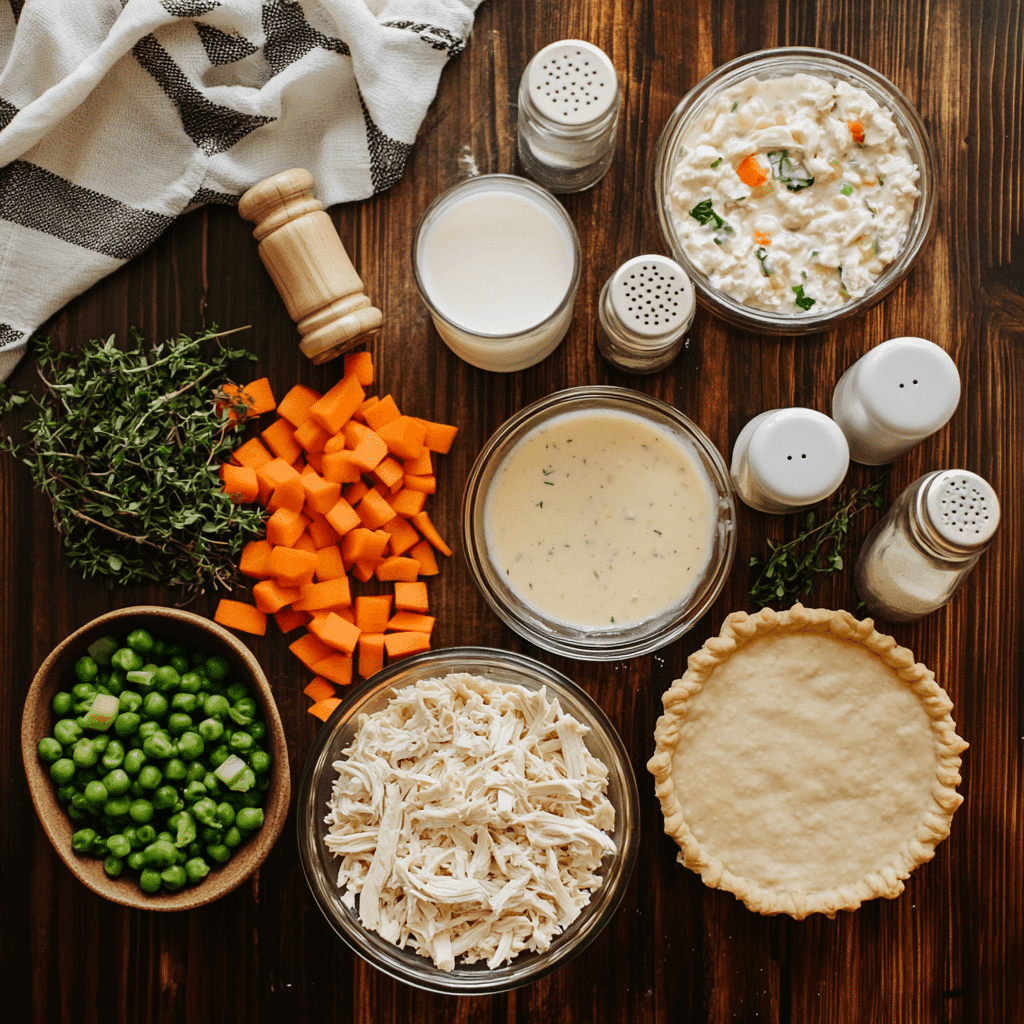 view of chicken pot pie ingredients on a kitchen table, including cream of chicken soup, shredded chicken, mixed vegetables, pie crusts, milk, salt, pepper, and fresh herbs, arranged neatly in a cozy home kitchen.
