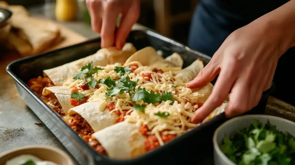 Hands assembling Boulders enchiladas.