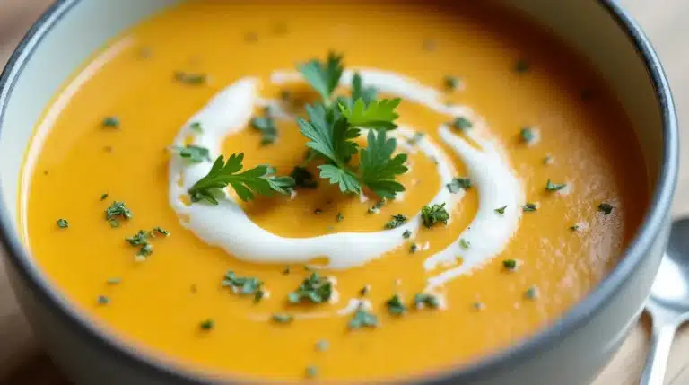 Close-up of a creamy Benignis potota soup.