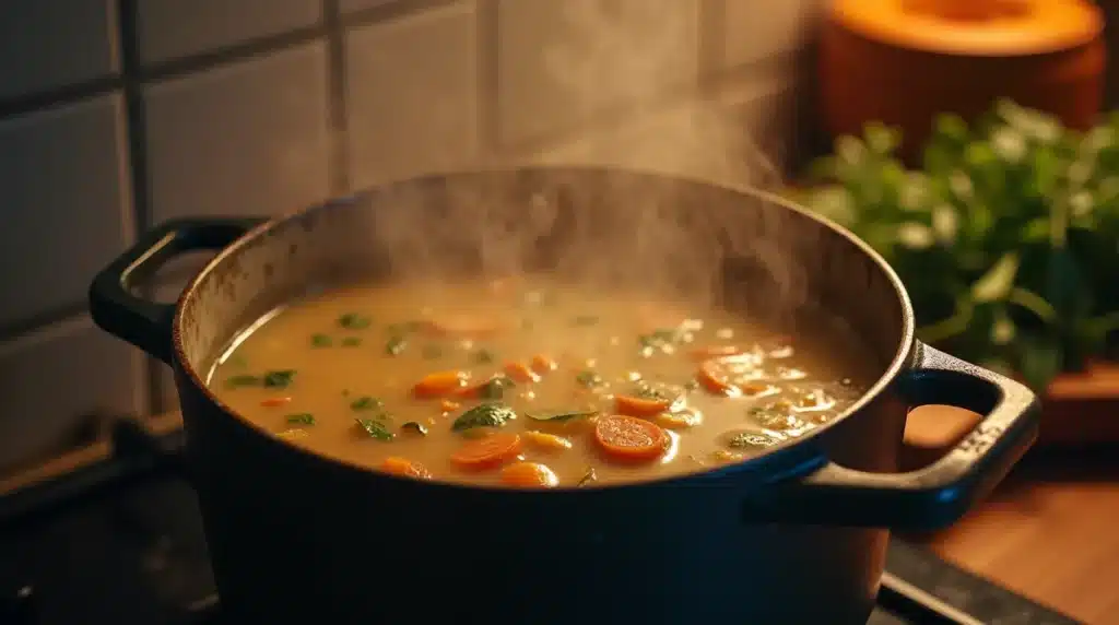 Benignis potota soup simmering in a pot.