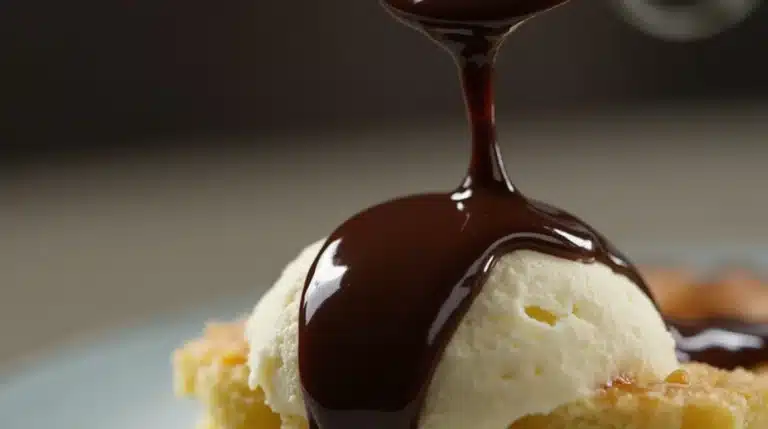 Close-up of rich, glossy black label chocolate sauce.