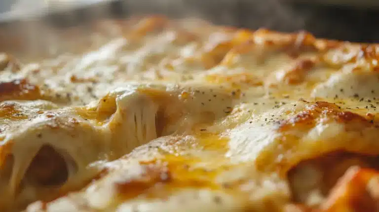 Close-up of bubbly, cheesy Boulders enchiladas.