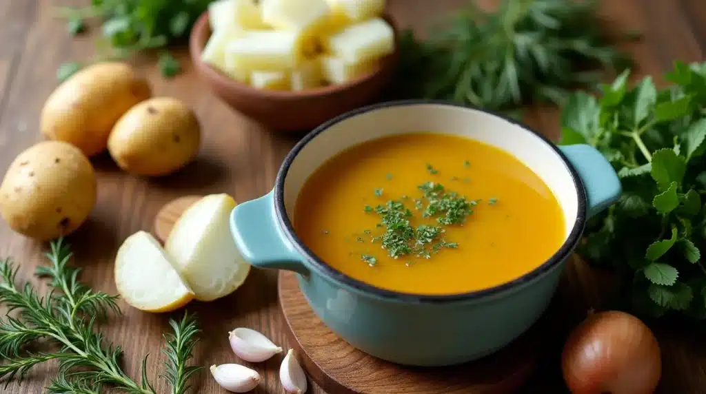 Fresh ingredients for Benignis potota soup, including potatoes, onions, garlic, and herbs.