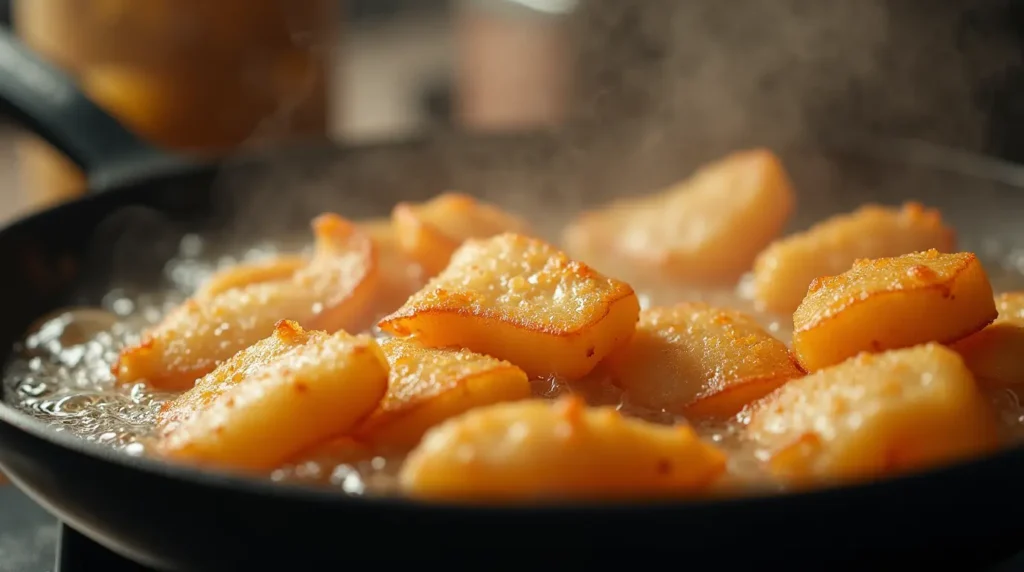 Lectin-free fish and chips frying in hot oil.