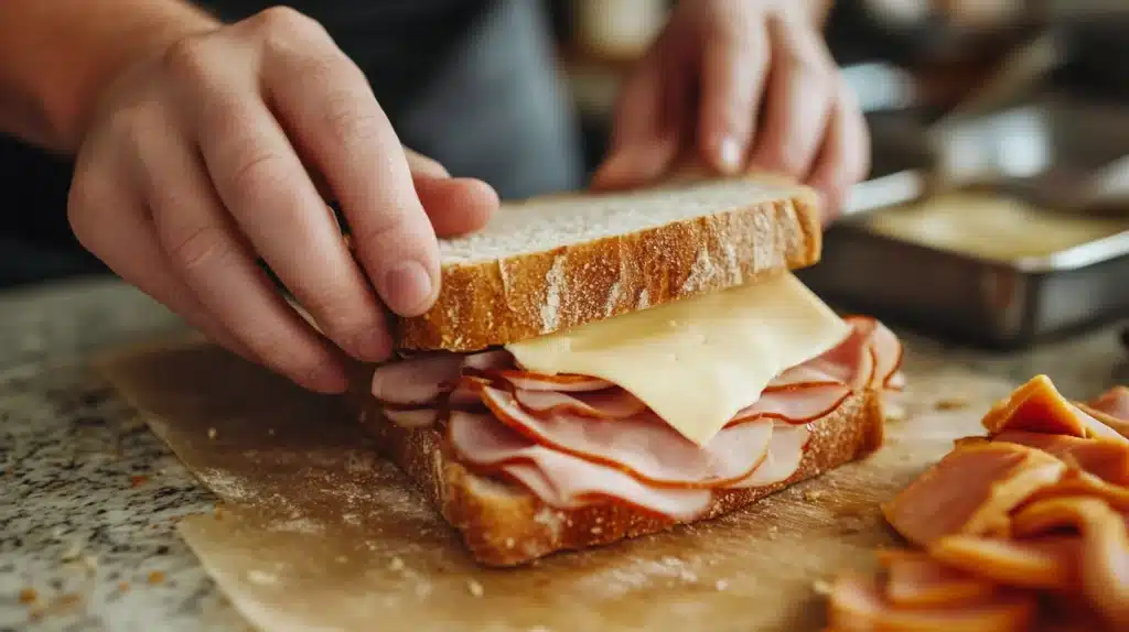 Hands assembling a pepperjack honey ham sandwich.