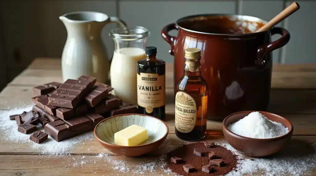 Fresh ingredients for a black label chocolate sauce, including chocolate, cream, and sugar.