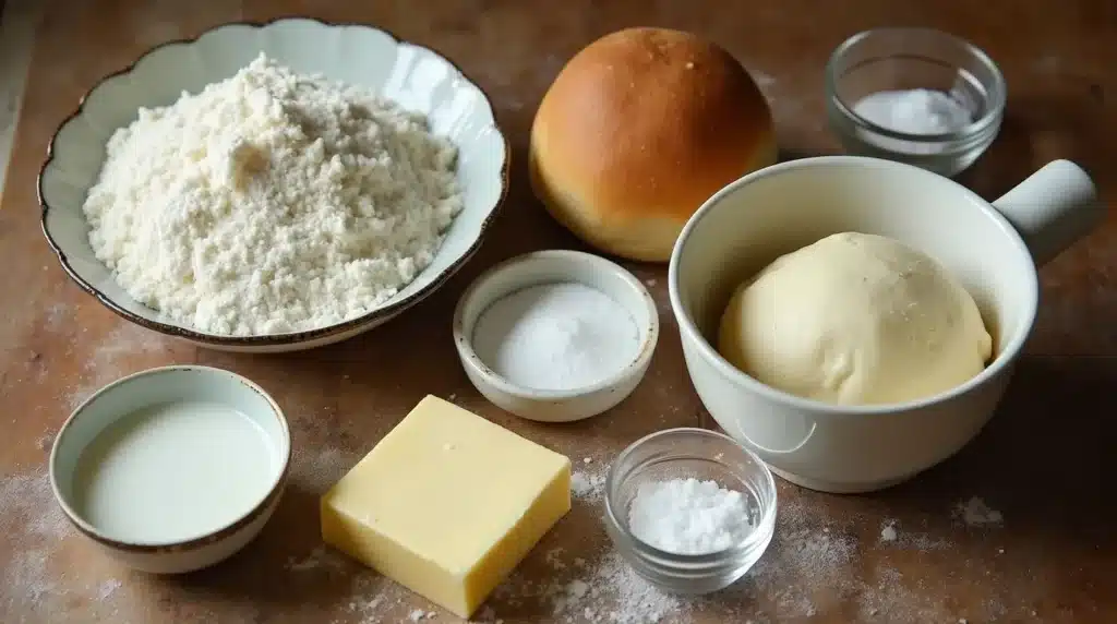 Key ingredients for Bubba's dinner rolls, including flour, yeast, butter and milk.