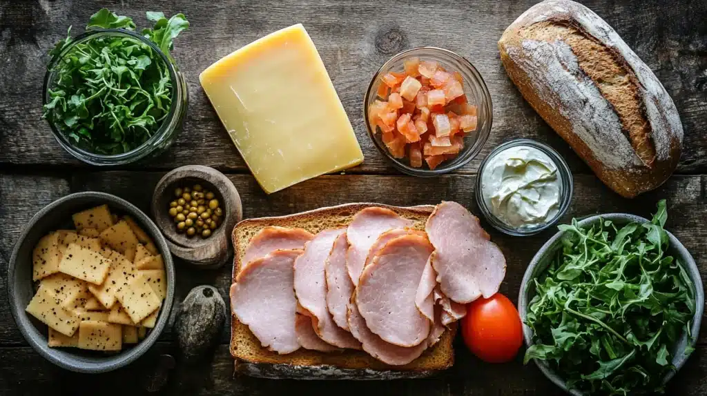 Fresh ingredients for a pepperjack honey ham sandwich.