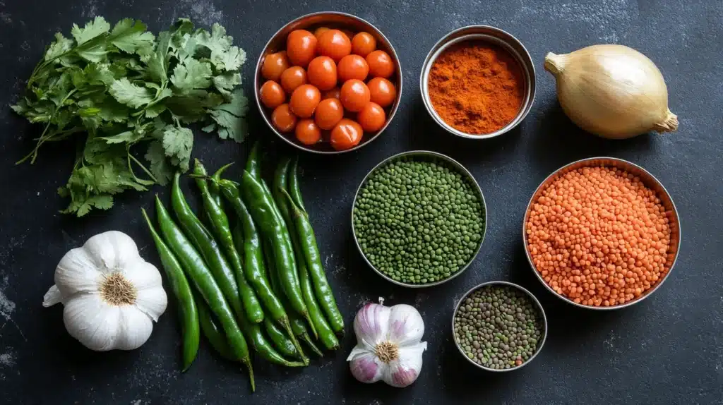 Fresh ingredients for fresn green sundakai sambar.