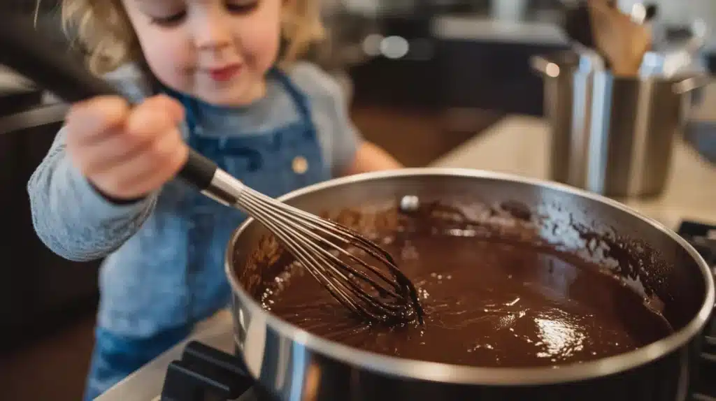 Black label chocolate sauce being stirred in a large pot.