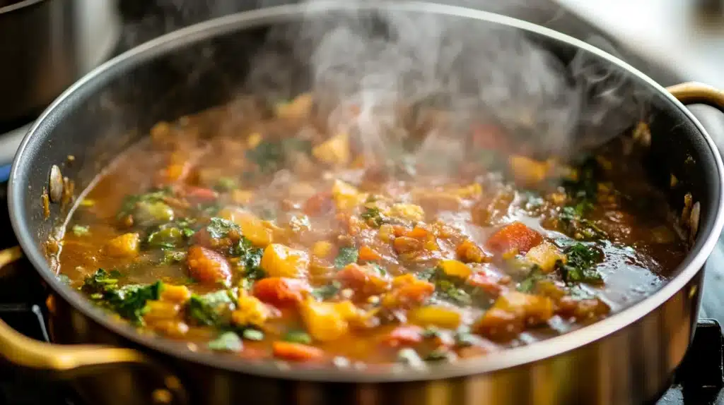 Fresh green sundakai sambar simmering in a pot.