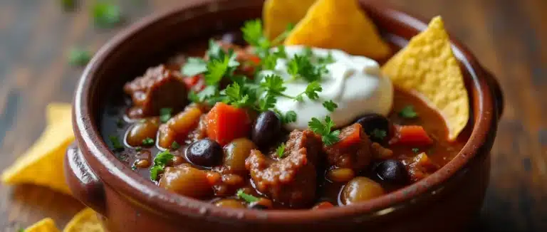 Close-up of a hearty bowl of steak chili with sour cream, cilantro, and tortilla chips.