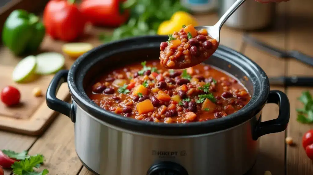 A steaming crock pot filled with vibrant vegan chili, surrounded by fresh ingredients like bell peppers, onions, and beans on a kitchen counter. A ladle lifts a portion of chili, with everyday kitchen items in the background, creating a warm, homey feel.