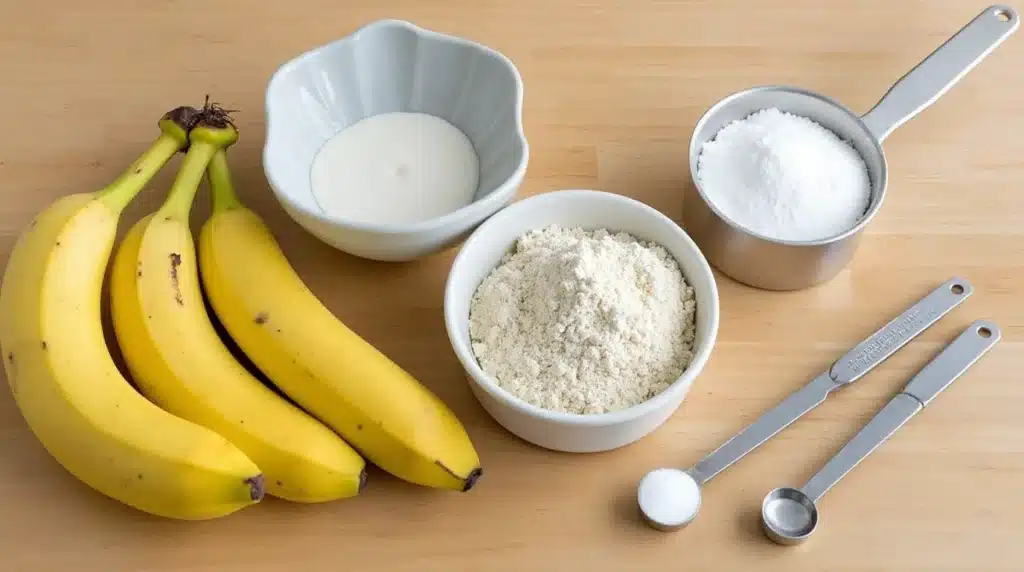 A flat lay of ingredients for banana bread, including bananas, flour, sugar, milk, and measuring spoons on a wooden surface.
