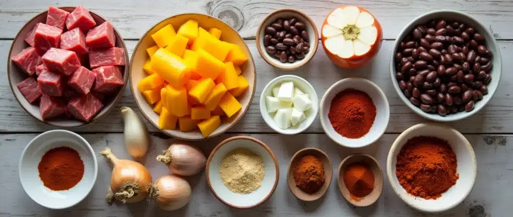 Raw ingredients for steak chili, including steak, vegetables, beans, and spices.