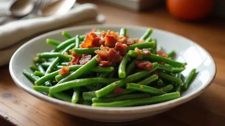 A close-up view of Texas Roadhouse green beans topped with bacon and onions, served in a white dish on a wooden counter.