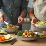 A warm and inviting kitchen scene with two people preparing and enjoying healthy dinner for 2: a vibrant stir-fry and creamy pasta, with a cozy, modern setup.