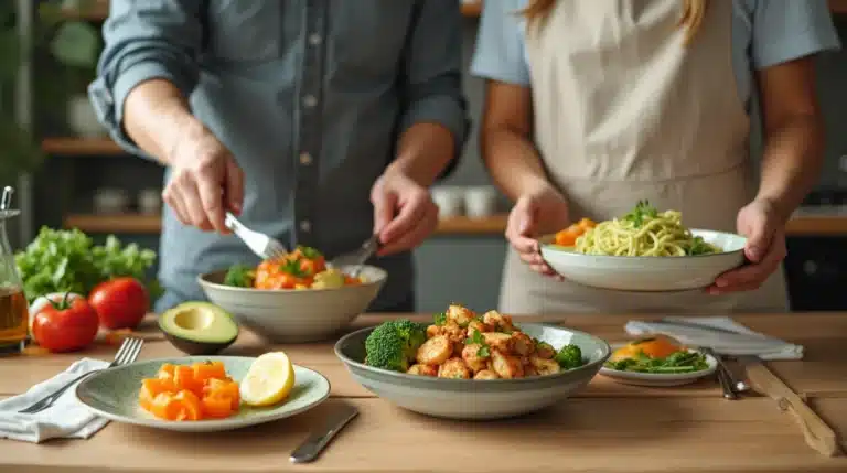 A warm and inviting kitchen scene with two people preparing and enjoying healthy dinner for 2: a vibrant stir-fry and creamy pasta, with a cozy, modern setup.