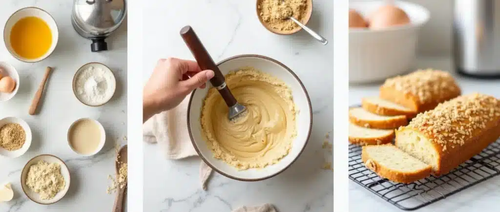 A 3-step process of making protein bread: ingredients, mixing the batter, and the finished loaf cooling on a wire rack.