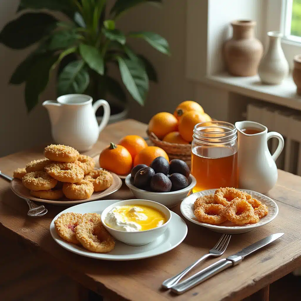 A vibrant assortment of Greek breakfast dishes, including Greek yogurt with honey, bougatsa (custard-filled pastry), fresh figs and oranges, sesame koulouri (bread rings), and olives on a wooden table in a natural kitchen environment with warm lighting