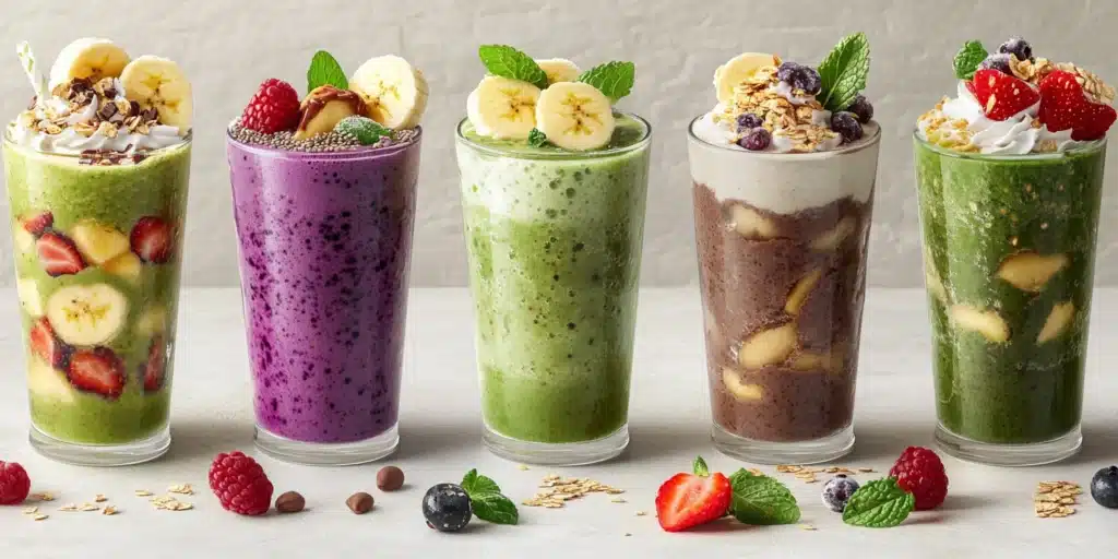 A visually engaging 5-panel split image showcasing five Greek yogurt smoothie recipes:

Berry Blast Smoothie: A vibrant purple smoothie with mixed berries, banana slices, and chia seeds, garnished with fresh mint leaves.
Tropical Green Smoothie: A bright green smoothie featuring spinach, mango, pineapple, and lime, topped with flaxseeds and a lime slice garnish.
Chocolate Peanut Butter Smoothie: A rich brown smoothie with cocoa, peanut butter drizzle, banana slices, whipped cream, and cocoa dusting.
Avocado Green Smoothie: A creamy green smoothie with avocado and spinach, topped with banana slices, chia seeds, and a mint sprig garnish.
Matcha Green Tea Smoothie: A pale green smoothie with matcha powder, banana slices, chia seeds, and a light dusting of matcha powder.
Each panel has a consistent minimalist kitchen background with natural lighting, separated by clean dividers to highlight the individual recipes