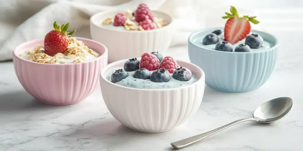 A styled photo of three different strawberry blueberry smoothie bowls each with varied toppings