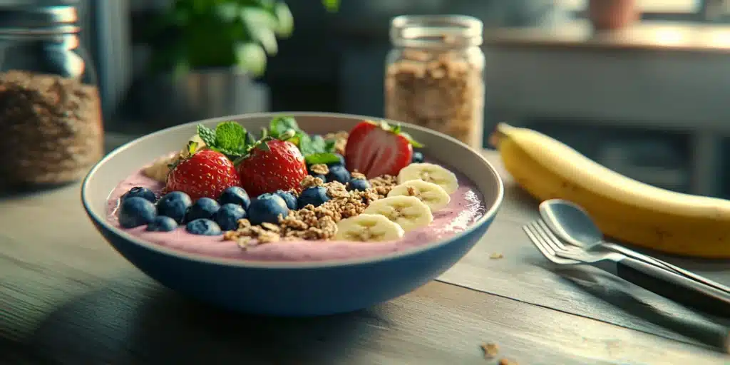 A colorful strawberry blueberry banana smoothie bowl garnished with fresh strawberries, blueberries, banana slices, and granola. The bowl is set on a simple kitchen table with a homely ambiance, surrounded by ordinary kitchen utensils and a jar of smoothie ingredients, creating a cozy, natural feel.