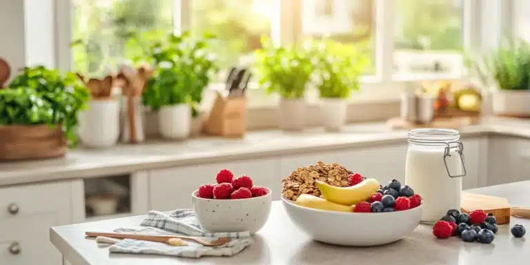 An inviting kitchen with fresh dairy-free ingredients like almond milk, granola, and fruits displayed on a countertop, bathed in natural light