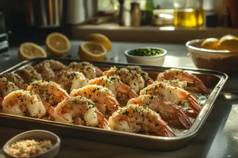 A tray of freshly baked stuffed shrimp with breadcrumb filling displayed on a kitchen counter, surrounded by fresh herbs and lemon.