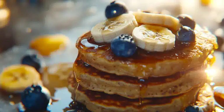 A stack of three golden-brown banana protein pancakes topped with sliced bananas, fresh blueberries, and maple syrup on a bright kitchen background.
