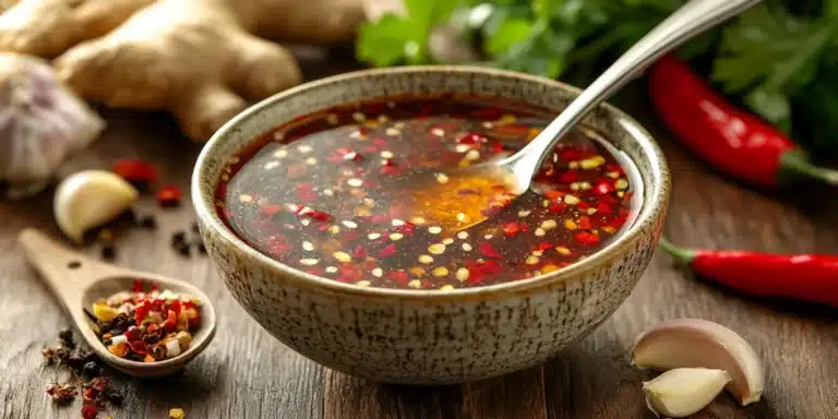 A bowl of homemade sweet chili sauce with red chilies and garlic, surrounded by fresh ingredients like red chilies, garlic cloves, sugar, vinegar, and ginger on a wooden countertop.