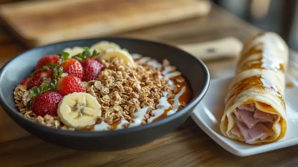 A vibrant açaí bowl topped with granola, fruit, and honey, next to a tapioca crepe with ham and cheese in a cozy kitchen