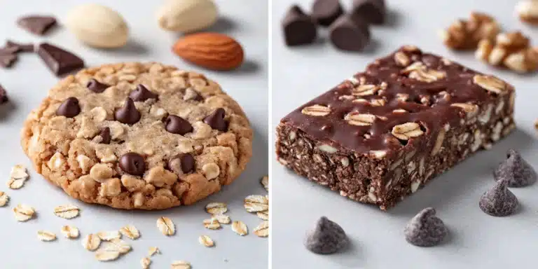 A close-up photo comparing a protein cookie and a protein bar side-by-side with some of their ingredients surrounding them