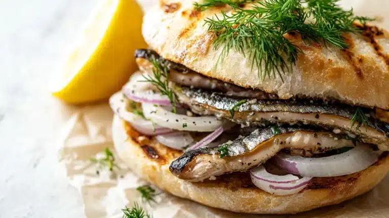 Close-up of a delicious Matjesbrötchen herring sandwich with onion and dill.