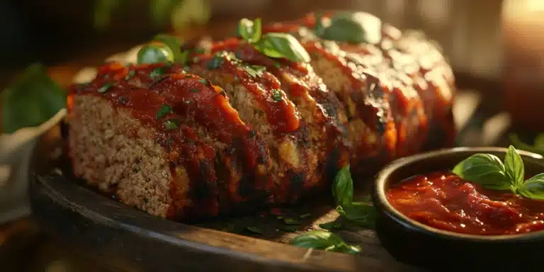 Sliced Italian meatloaf on a platter with basil and marinara sauce.