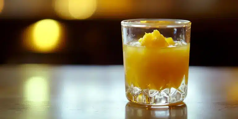 Close-up of a vibrant pineapple ginger turmeric shot.
