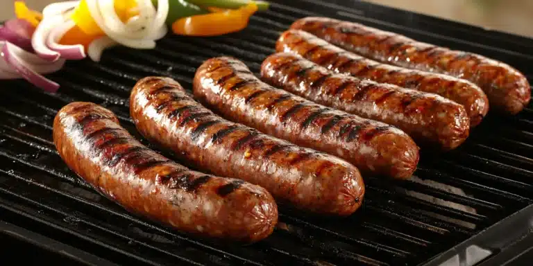 Close-up of different types of sausages grilling on a BBQ with onions and peppers.