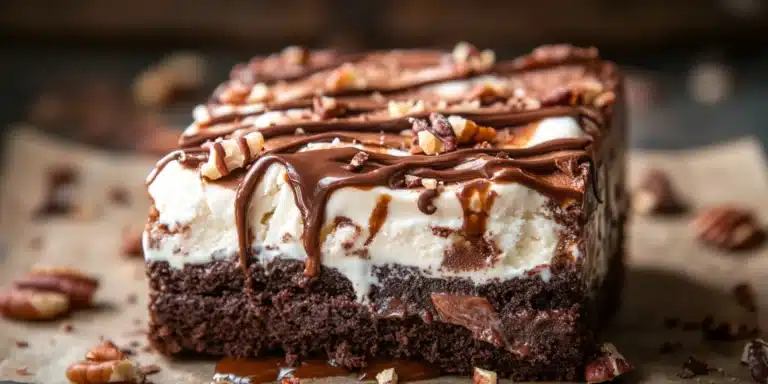 A close-up of a Texas Roadhouse Big Ol' Brownie enhanced with ice cream, sauce, and nuts.