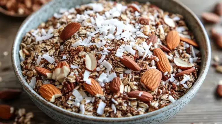 Close-up of delicious no-oven vanilla nut granola.