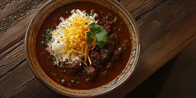 A bowl of rich Texas chili soup with beef, cheese, onions, and cilantro
