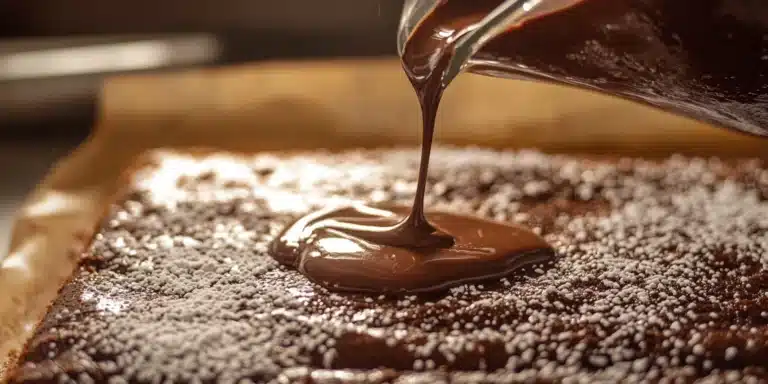 A close-up photo of a Texas sheet cake being poured with a shiny chocolate icing