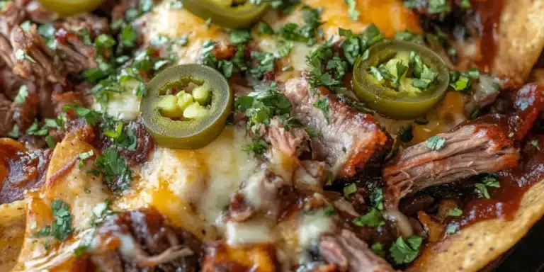 Close-up of loaded Southern BBQ nachos with melted cheese, pulled pork and toppings.