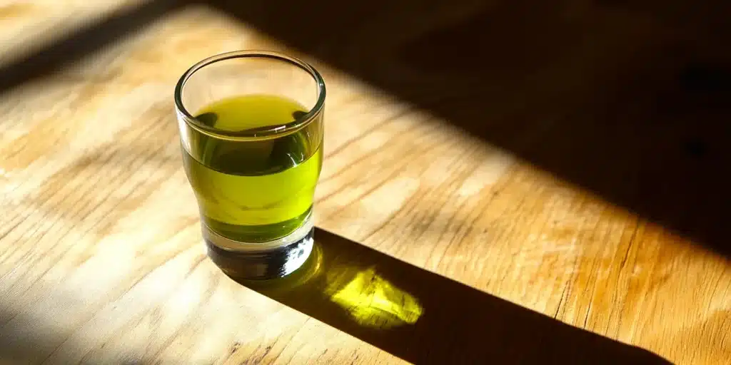 Close-up of a vibrant green cold-pressed celery ginger shot.
