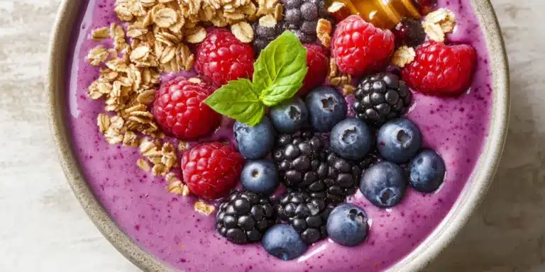 Close-up of a vibrant wildberry fruit smoothie bowl with toppings.
