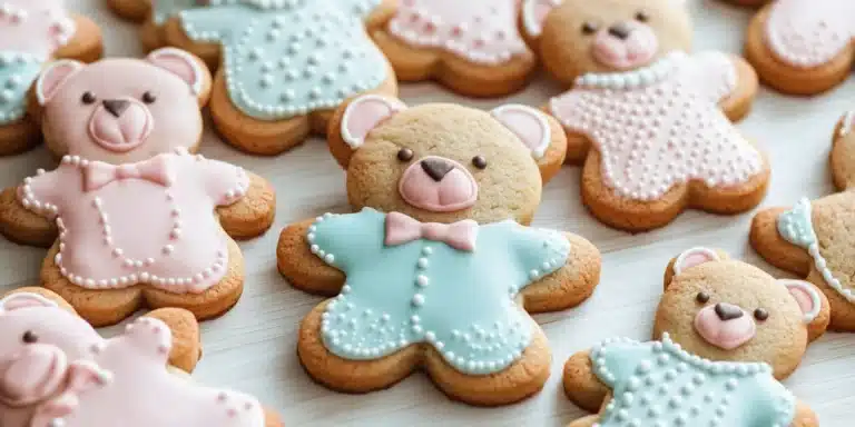 Close-up of adorable decorated teddy bear cookies.